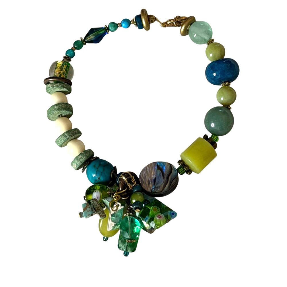 Bee Lily Designs Artisan Beaded Chunky Bracelet Blue Green 8.5"